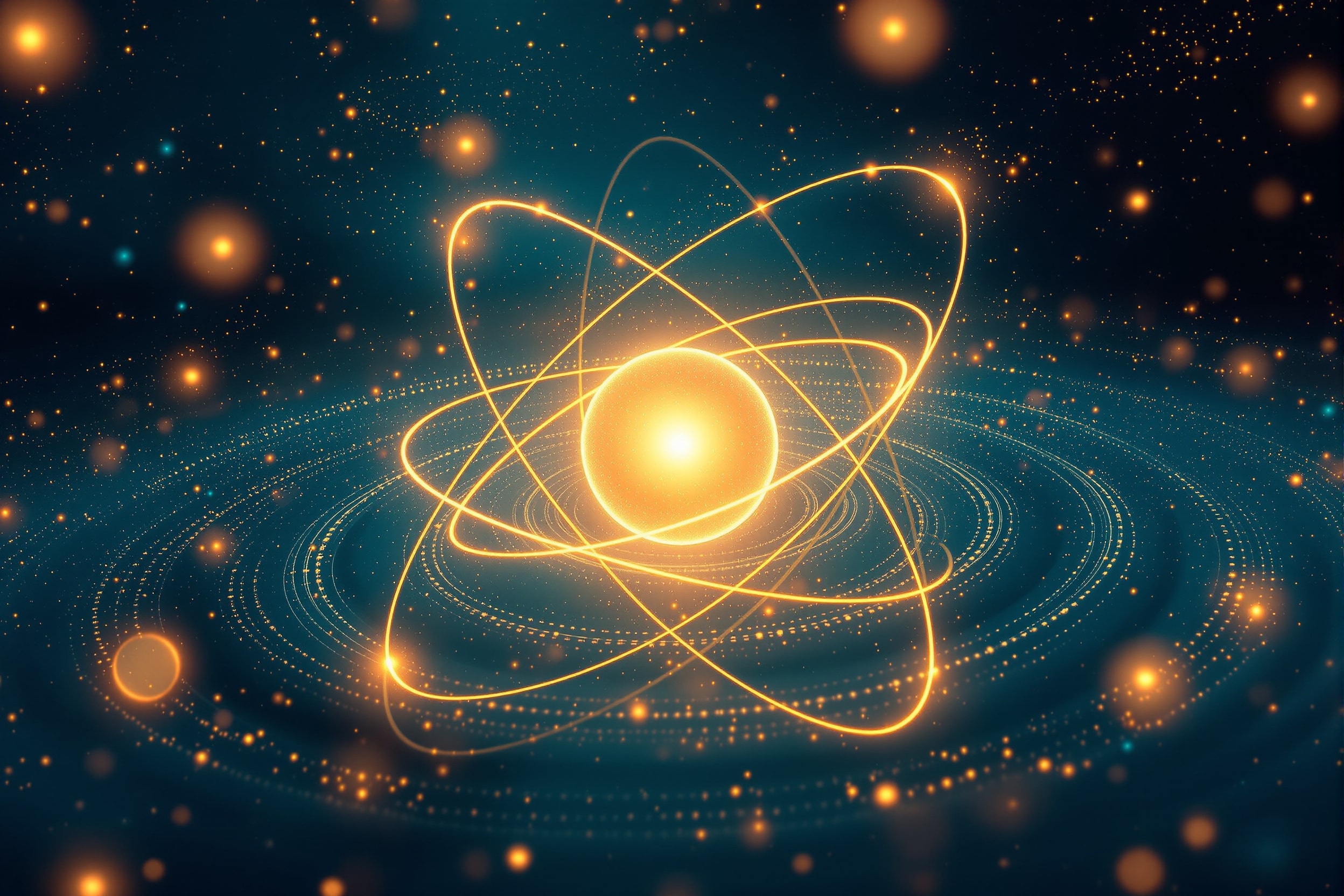 Electron probability orbitals around a nucleus with an antiparticle and wavefunction ripples