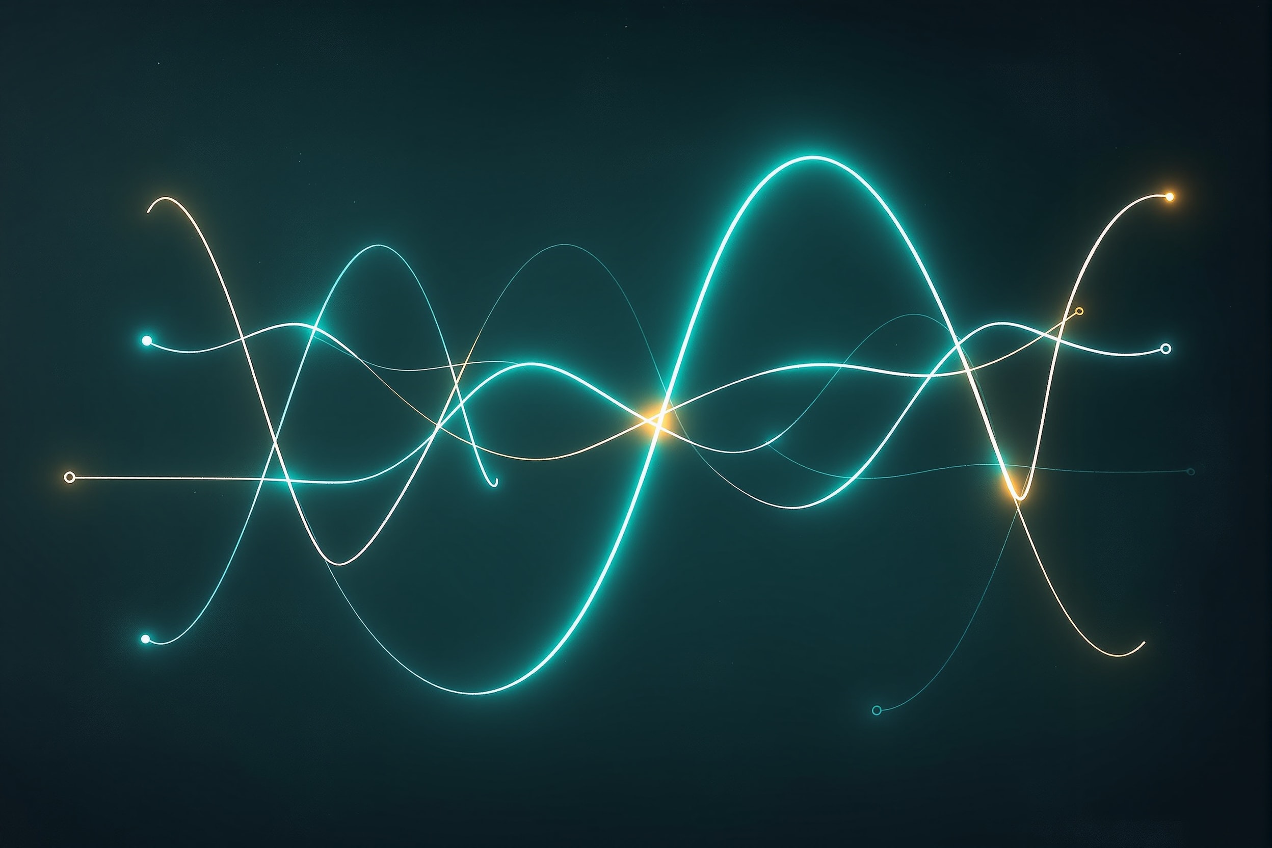 Feynman diagrams drawn as luminous lines and vertices on a dark background
