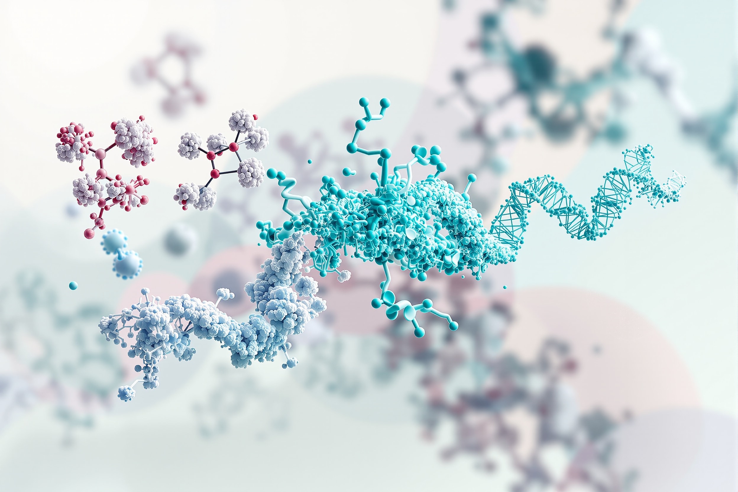 Ball-and-stick, space-filling, and ribbon molecular models side by side