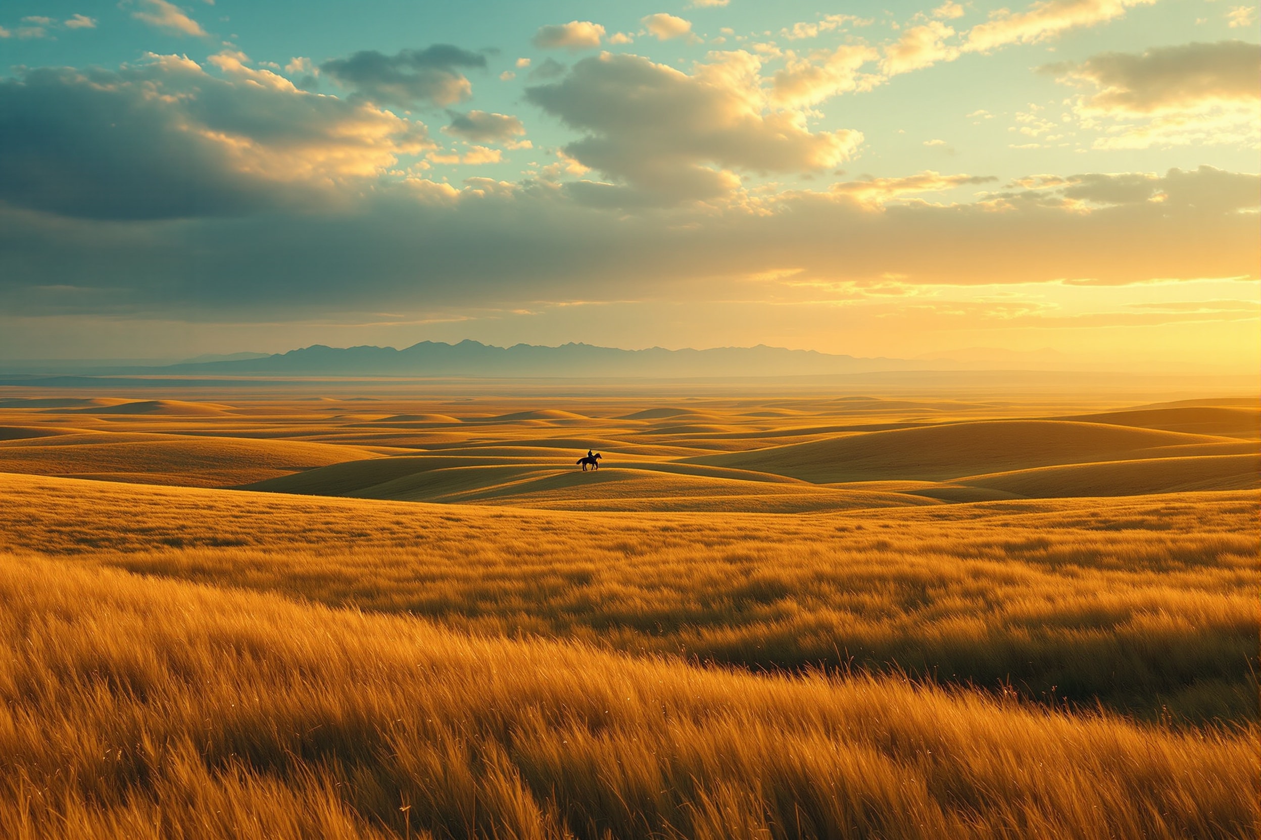 Central Asian steppe landscape at golden hour with distant mountains